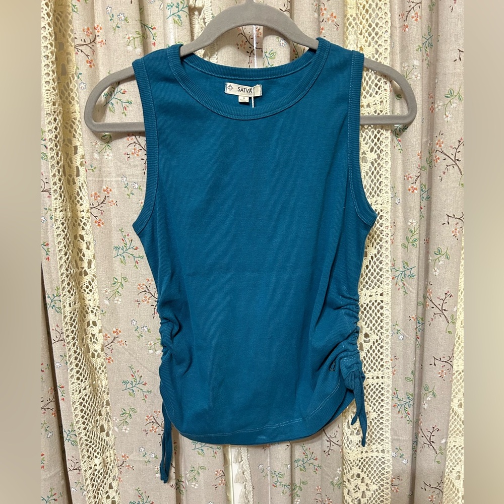 Satva Organic Cotton Ruched Tank Top Blue Size Small NWT